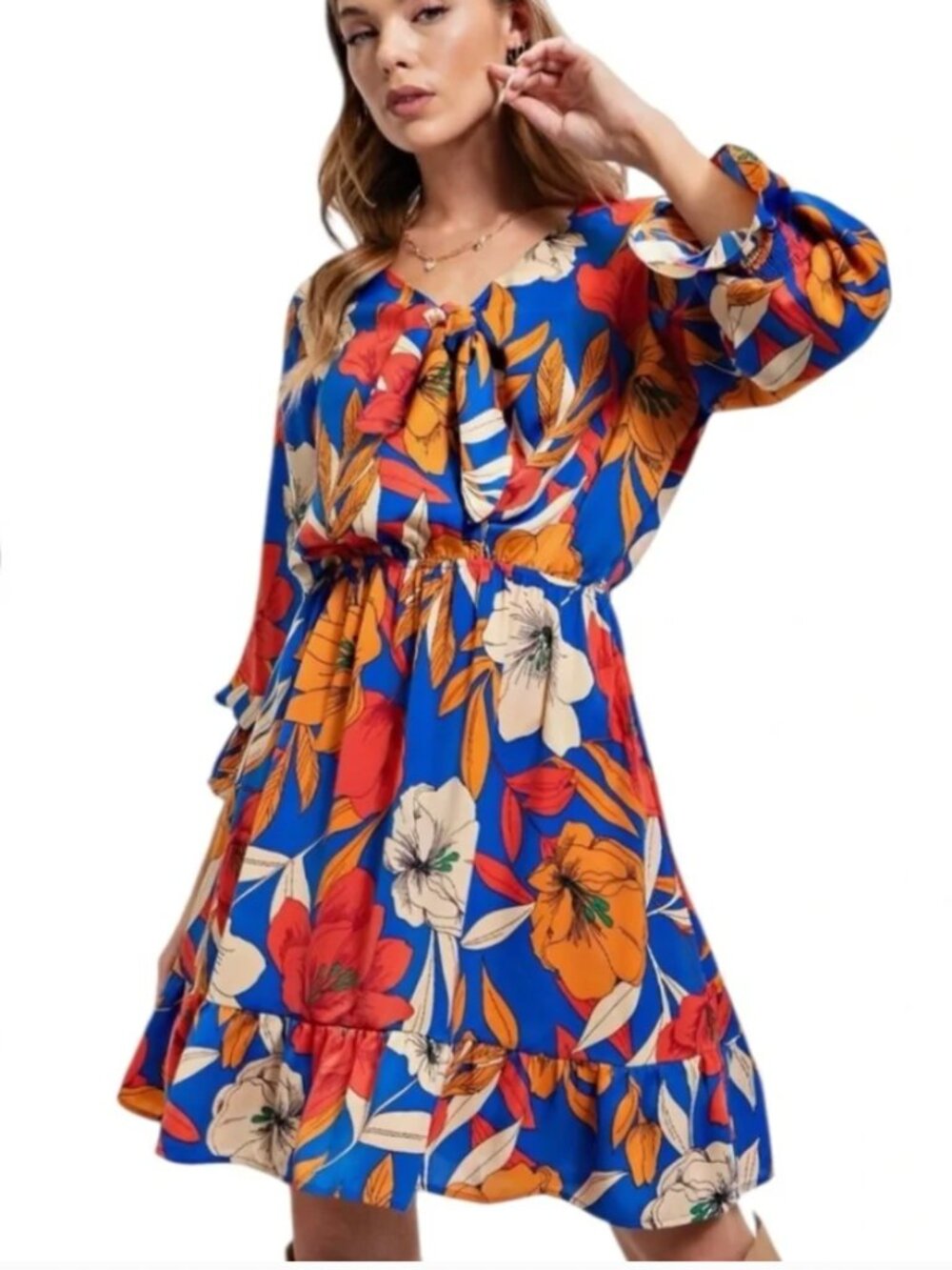 NEW Easel Vibrant Royal Blue Floral Dress Long Sleeves tie-front V-neck mini